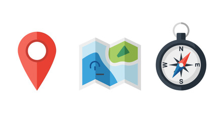 Navigation icons: map pin, folded map, and compass on a white background