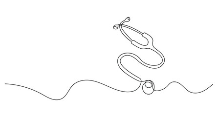 Continuous line drawing of a medical stethoscope silhouette on white background