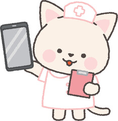 スマホを持った白ネコの看護師