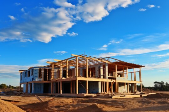 Modern residential building framing under construction on a dirt undeveloped land
