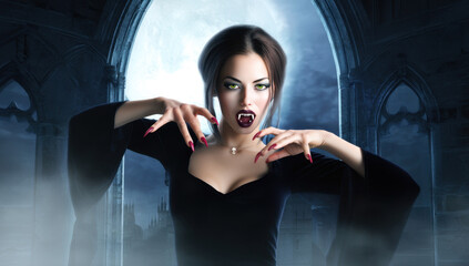 Mysterious vampire woman with fangs in a gothic moonlit background