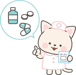薬の説明をする白ネコの看護師