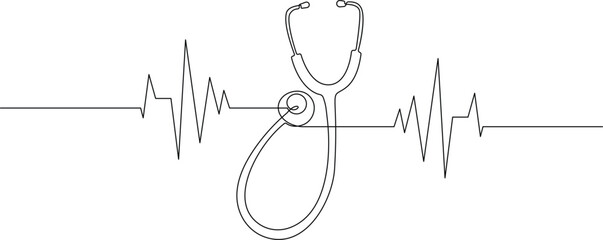 Stethoscope and heartbeat line continuous one line drawing on white background
