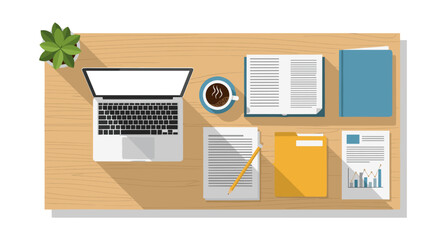 Top view of a modern workspace with laptop, coffee, and documents on a wooden desk