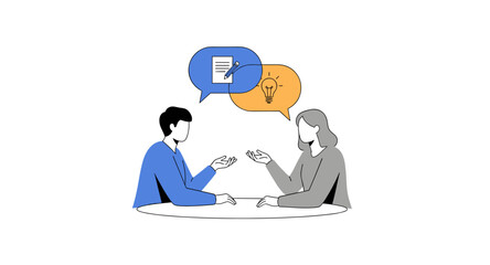 Two people discussing ideas and planning at a table with speech bubbles showing a document and a lightbulb