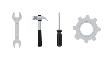 Fototapeta premium Set of common mechanical tools including a wrench, hammer, screwdriver, and gear