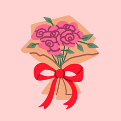 Flat style illustration of pink rose bouquet wrapped in kraft paper with a big red bow on a soft pastel background, perfect for Valentine s Day cards, wedding invitations, and romantic floral branding