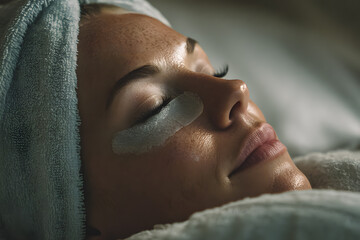 Woman receiving a skincare treatment while lying down in a room with soft lighting in the evening
