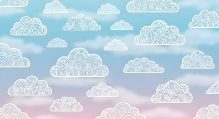 Whimsical white clouds float across serene blue and pink sky