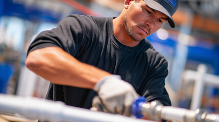 Hands-on plumbing training for veterans, assembling pipes and fittings on a workbench, close-up details, professional vocational program atmosphere promoting employment readiness
