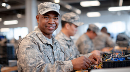 Group of military veterans attending a hands-on electronics training course, soldering and wiring components, focused atmosphere, modern vocational classroom showcasing workforce d
