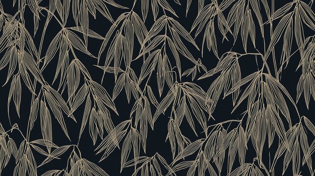 Elegant golden bamboo leaves on dark background pattern