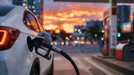 Naklejka premium Cinematic refueling scene at a highway gas station, fuel nozzle locked into place, sunset sky reflecting off car body, modern travel and transportation concept