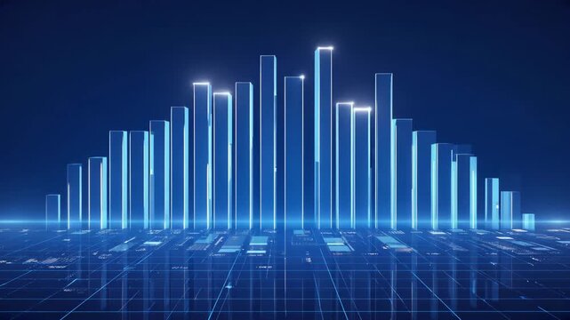The bars rise and fall smoothly at varied speeds The camera remains locked Subtle glow pulses travel upward Cinematic realism