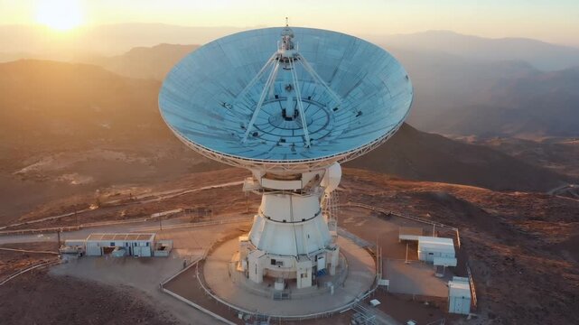 The dish rotates smoothly to align with a signal The camera performs a gentle pan left Subtle light flares shift across the surface Cinematic realism