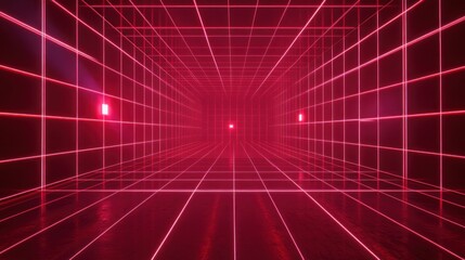 Obraz premium Abstract Red Neon Grid Tunnel. Futuristic Glowing Lines and Reflections for Technology and Virtual Reality Concepts.