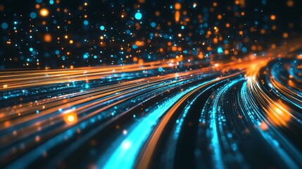 Swirls of information move through optical fiber in a digital space during a night scene of data transmission