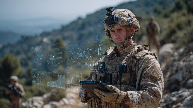 Army commander reviewing AI-driven battlefield analytics on a digital tablet, soldiers positioned in the background, augmented reality HUD elements visualizing coordination and str