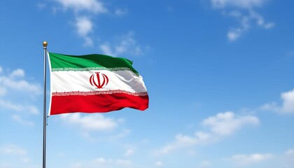 Iranian flag waving in the sky on a sunny day with few clouds in the background, representing nationhood and pride in a public space Generative AI