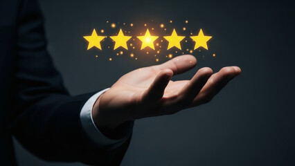 Five glowing stars floating above a hand, symbolizing perfect 5-star customer satisfaction, excellent quality, positive feedback, and high performance rating concept on a dark background.
