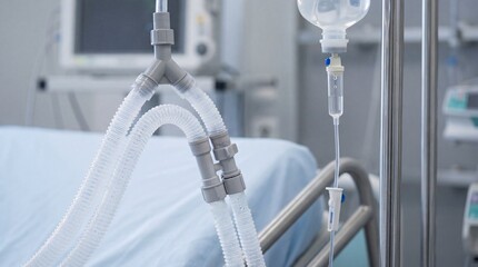 Medical ventilator tubes and IV drip in hospital setting  