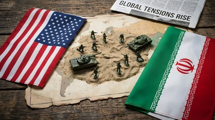 Military figures arranged on a map with flags of the US and Iran highlighting rising tensions between the two nations Generative AI