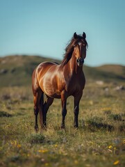 Majestic horse grazing in a sunlit green meadow landscape