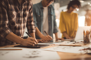 Group of people working on creative design projects in a studio setting during the daytime