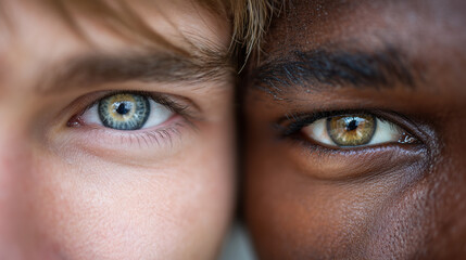 Close-up of two men&acirc;s eyes aligned side by side in perfect symmetry, different skin tones and eye colors, sharp focus on eyelashes and irises, pure white background symbolizing equ