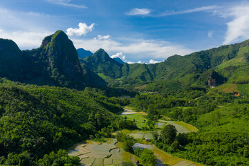 Naklejka premium Aerial view of flooded rice paddies set within a green valley surrounded by steep limestone mountains and dense tropical forest in northern Laos. Bright daylight and blue sky highlight the layered