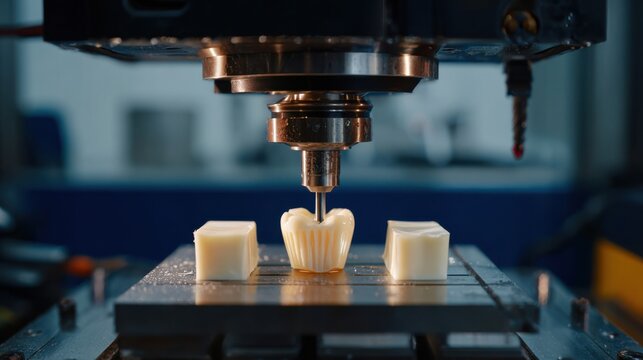 Focused medium shot on a multiaxis milling machine precisely machining PMMA blocks into dental crowns with the milling head crisply visible and the room softly blurred.