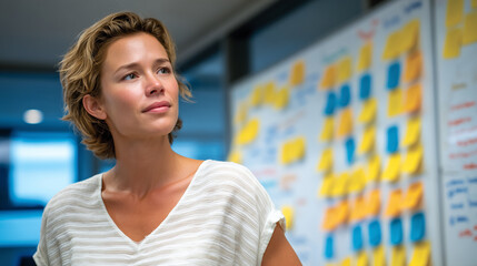 Cinematic side view of a woman organizing sticky notes on a whiteboard, connecting ideas and workflows, systems thinking and structured analysis visualized through color-coded plan