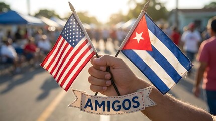 Two flags held by a hand at a street event during sunset celebrating friendship between the United States and Cuba with a sign saying amigos Generative AI