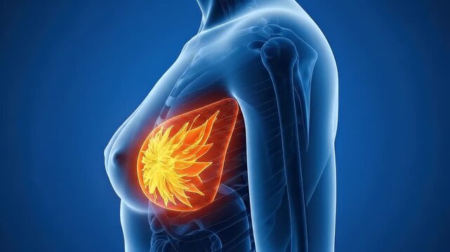 Female breast anatomy glowing orange, 3d Medical illustration, women's health, breast cancer. Dark blue background, blue glowing lines	