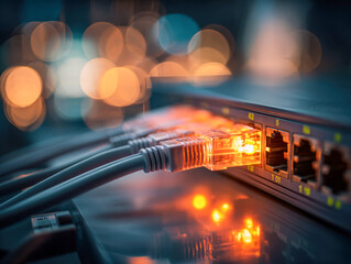 Illuminated network cables plugged into a switch with glowing connection lights symbolizing data communication and internet connectivity in a modern digital environm