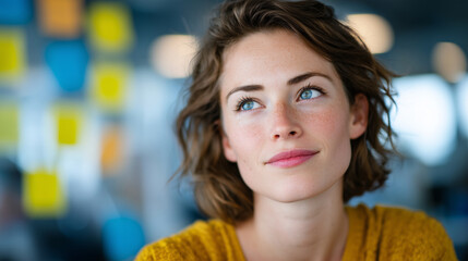 Obraz premium Close-up of a woman observing a whiteboard with neatly arranged sticky notes, focused gaze, organized workflow and strategic planning reflected in the visual structure
