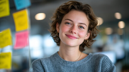 Woman mapping project phases on a whiteboard using colorful sticky notes, clear logical grouping, systems thinking and efficient workflow management in a modern workspace