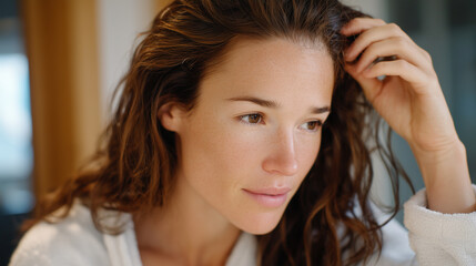 Fototapeta premium Side-profile close-up of a woman inspecting hair density near the part line, soft daylight highlighting scalp, emotional yet subtle depiction of hair loss concern
