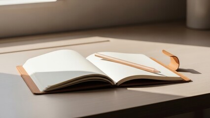 Open blank notebook with a pencil on its right page placed on a light wooden desk illuminated by natural light