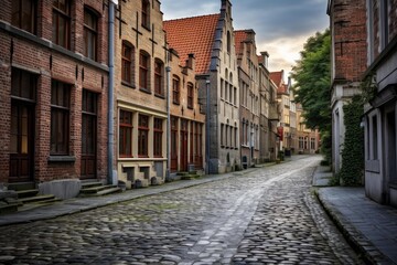 Fototapeta premium Cobblestone street passing by traditional brick buildings in a quiet european old town