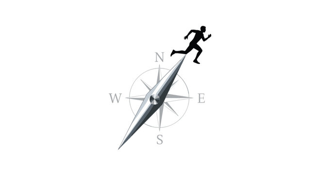 Man running on compass needle towards success and direction, Generative AI.