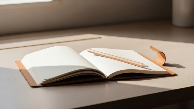 Open blank notebook with a pencil on its right page placed on a light wooden desk illuminated by natural light - Powered by Adobe