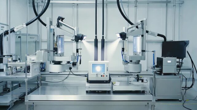 Scanning beams sweep methodically across the components The camera remains locked Sensor indicators glow in sequence Cinematic realism 