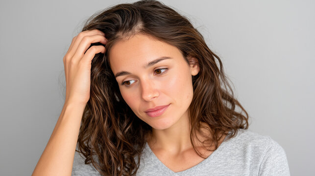 Thoughtful brunette woman touching the top of her head, checking hair growth and scalp condition, soft studio lighting, realistic beauty and alopecia concept