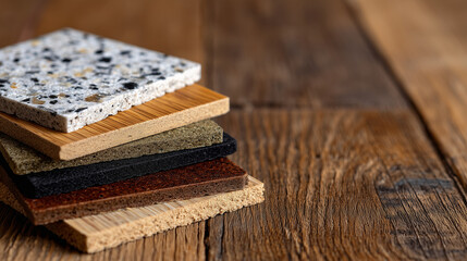 Detailed view of square parquet and laminate samples fanned out on a light oak wooden surface, soft natural lighting, warm and realistic textures emphasizing color variety