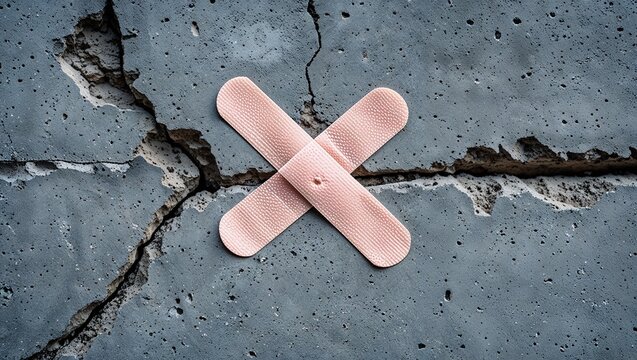 adhesive bandage patch on cracked concrete surface concept of temporary repair and maintenance