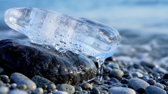 Ice block on rocky shore