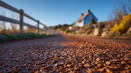 Macro close-up of rubber crumb pavement showing granular texture, driveway in front of a rustic country house, natural sunlight highlighting patterns, practical and modern driveway