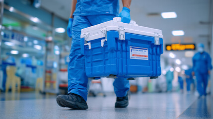 Cinematic close-up of medical worker walking with organ transport cooler, scrubs and gloves visible, hospital interior with soft shadows, emphasizing transplantation workflow and c