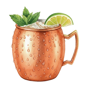 Copper Mug Mule Cocktail Watercolor Vector Illustration with Mint and Lime on White Background
